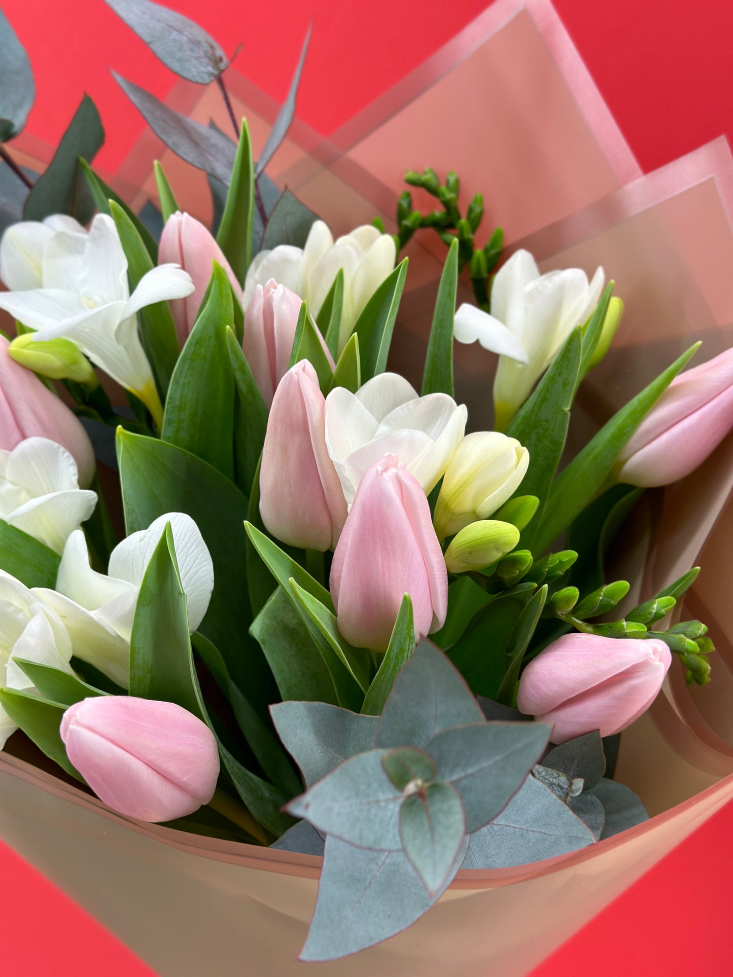 Tulpių ir frezijų puokštė